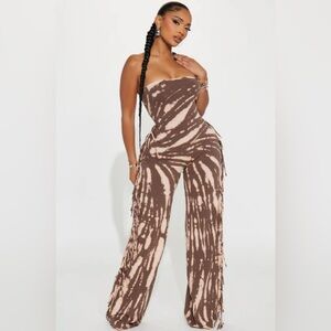 Brown Tie-Dye Strapless Jumpsuit